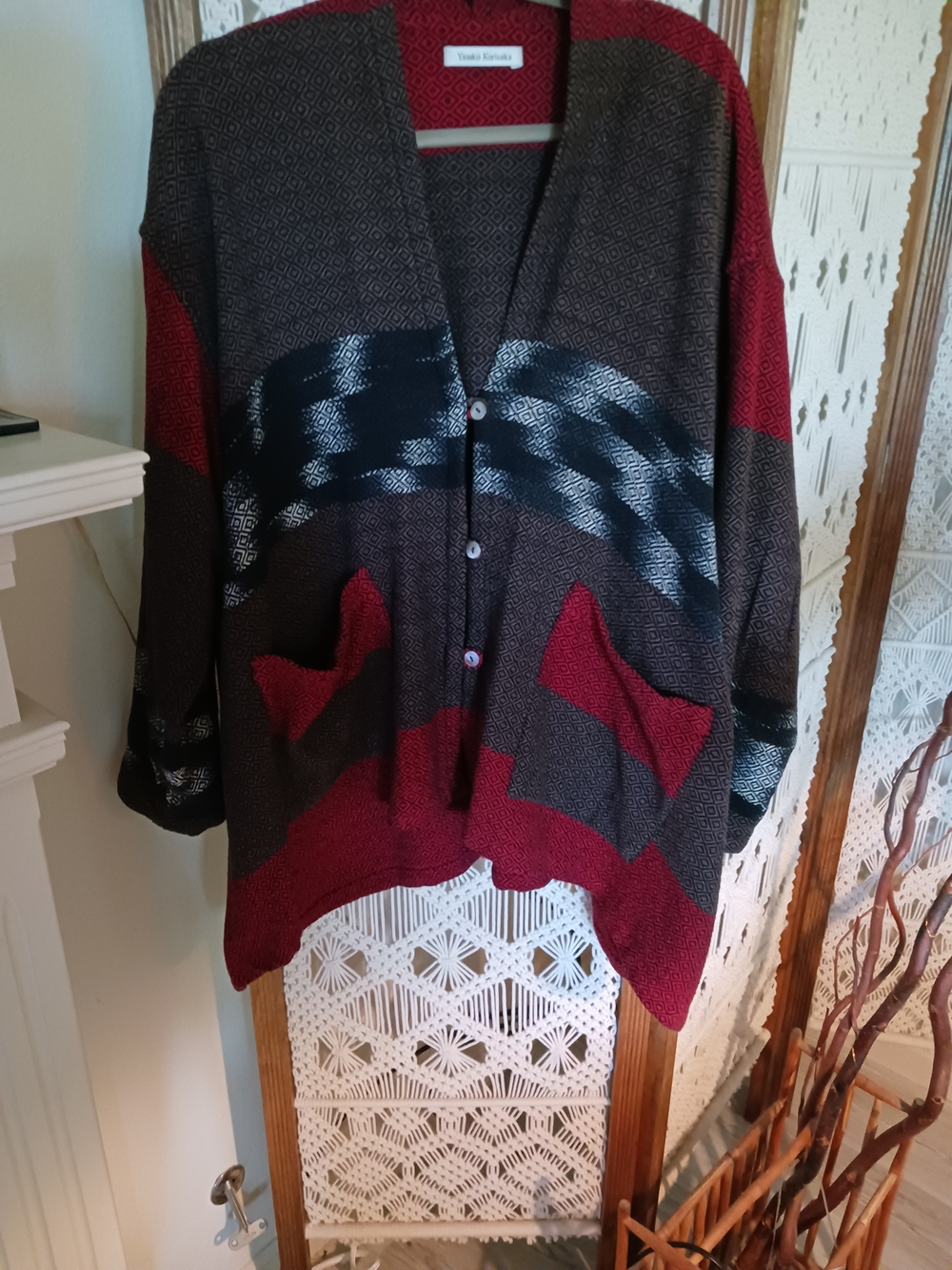 Novelty Japanese Colorblock Button-Front Tunic - Red, Black, Gray